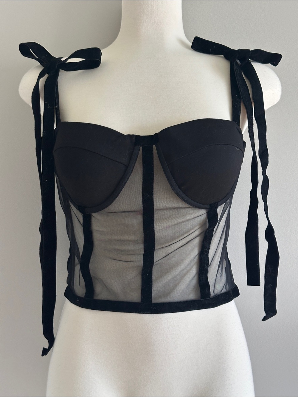 Commense Black Sheer Bustier Tank with Velvet Tie Straps